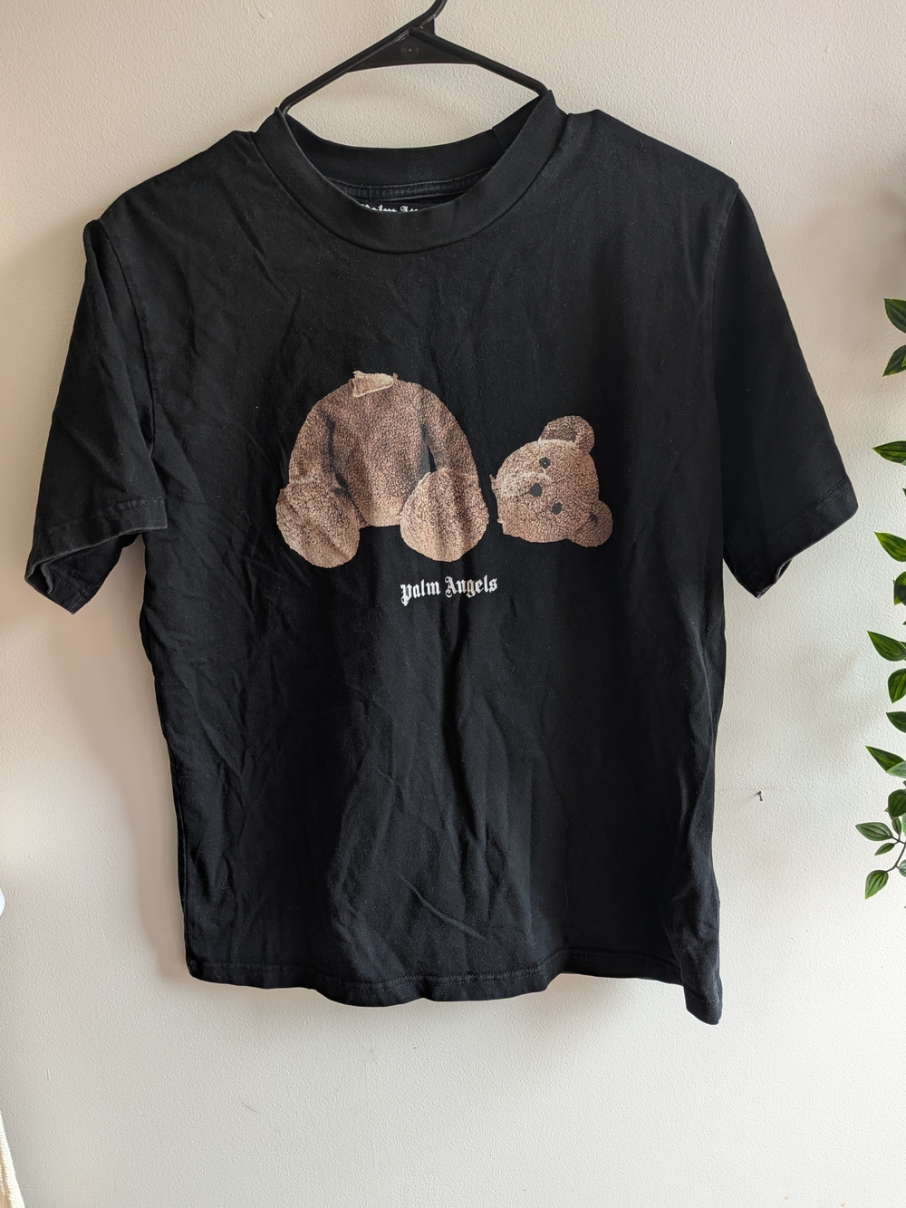 Palm Angels Black Tee with Beige Detached Teddy Graphic